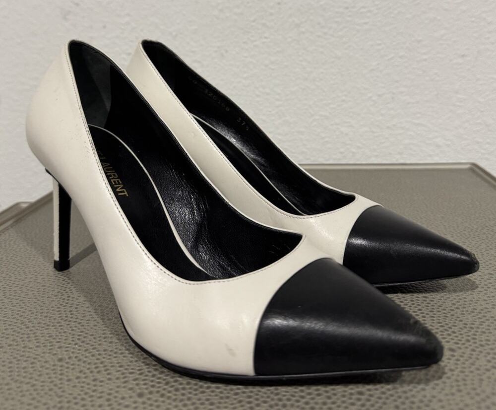 Saint Laurent White Black Cap Toe Iconic Pumps Heels Leather Women’s 37.5 / 7.5